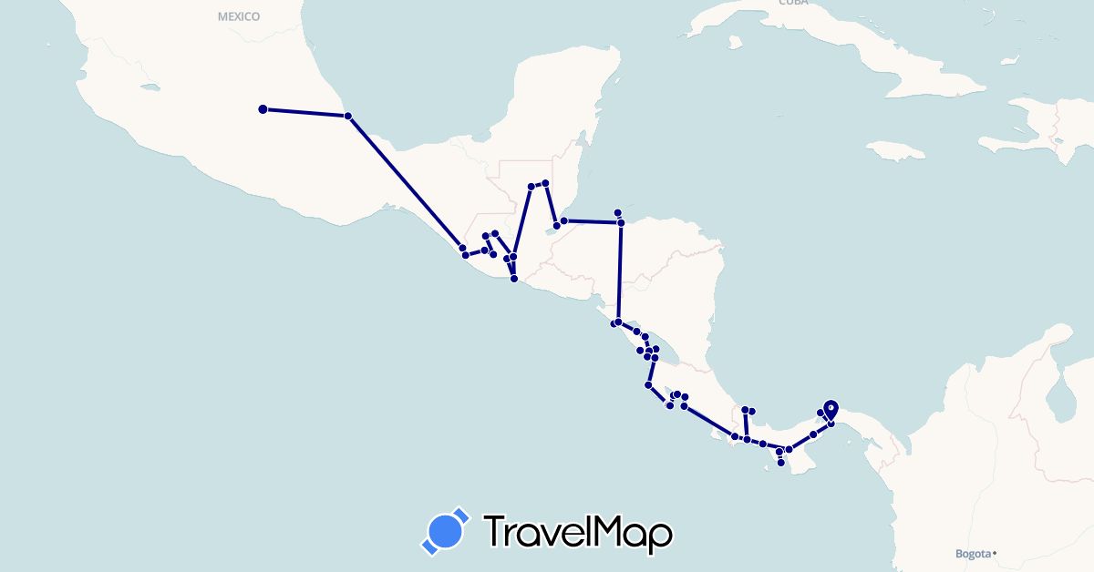 TravelMap itinerary: driving in Costa Rica, Guatemala, Honduras, Mexico, Nicaragua, Panama (North America)